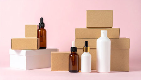 Mockup of brown glass bottles with pipette and cardboard boxes on pink backgroundの素材