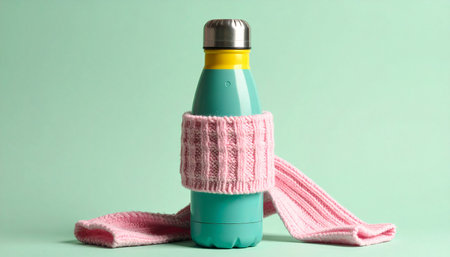 Thermo bottle with knitted scarf on green background, closeupの素材