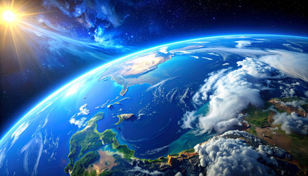 View of the planet Earth during sunrise 3D rendering elements of this image furnished by NASAの素材