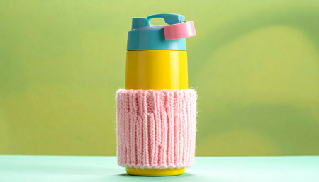 Plastic bottle with yellow cap and pink knitted scarf on green backgroundの素材