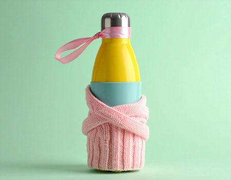 Bottle with shower gel and scarf on color background, closeupの素材