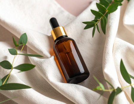 Bottle of cosmetic product with eucalyptus leaves on fabricの素材