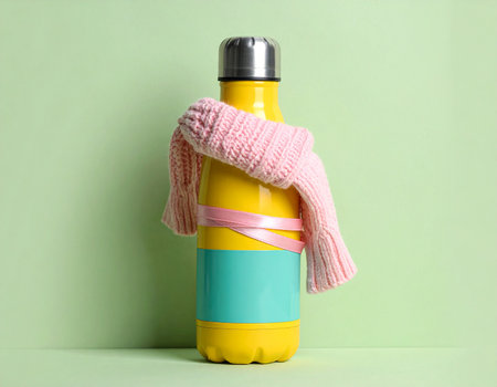 Yellow thermos with pink scarf on pastel green background. Minimal style.の素材