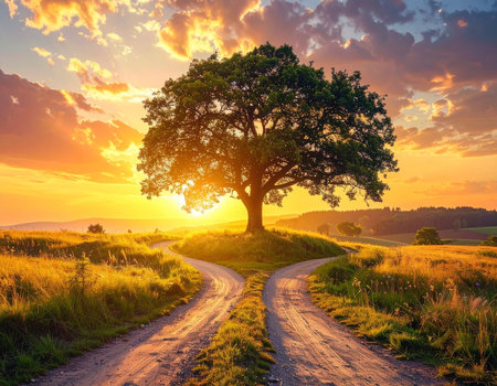 Sunset over a country road with a tree in the foreground.の素材