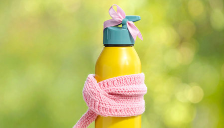 Bottle with shower gel and scarf on green background, closeupの素材