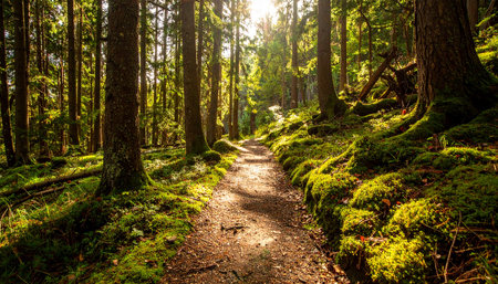 Trail in the forest with sun rays and moss on the groundの素材