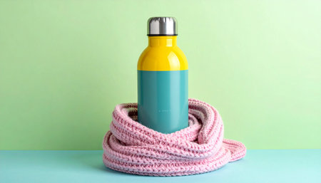 Plastic thermo bottle with pink knitted scarf on blue backgroundの素材
