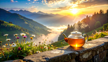 Cup of tea in the mountains at sunrise. Beautiful summer landscape.の素材