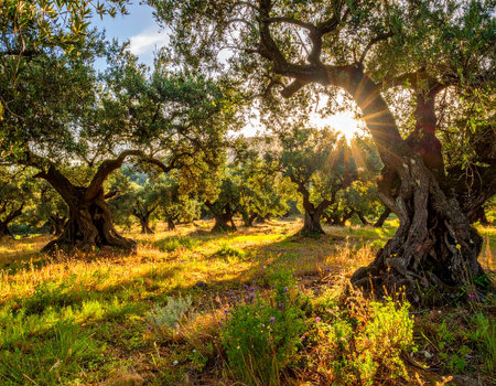 Olive grove at sunset in the Spanish region of Alentejoの素材
