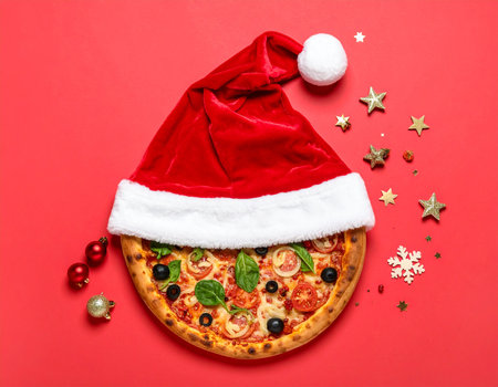 Pizza with Santa Claus hat and Christmas decorations on red background, top viewの素材