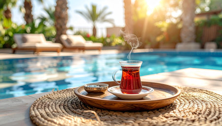 Hot tea in a glass cup on a saucer on a wooden tray near the swimming poolの素材