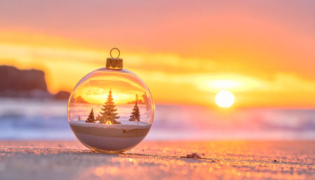 Christmas tree in a glass ball on the sand against the background of the setting sunの素材