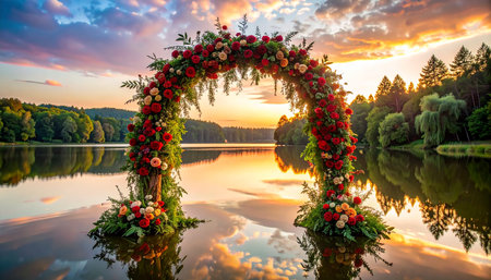 Wedding arch with flowers on the shore of the lake at sunsetの素材