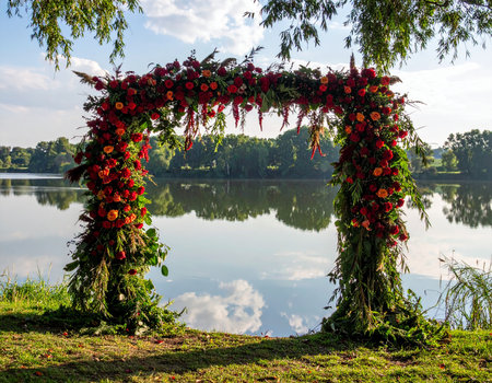 Wedding arch decorated with red flowers on the bank of the lakeの素材