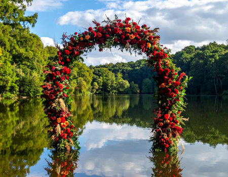 Wedding arch made of red flowers on the lake in the parkの素材