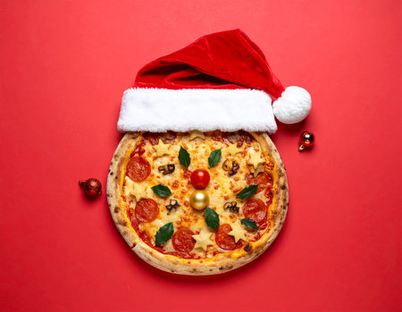 Pizza with Santa Claus hat on a red background. Top view, flat layの素材