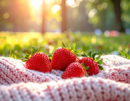 Strawberries on a knitted plaid in the garden.の素材