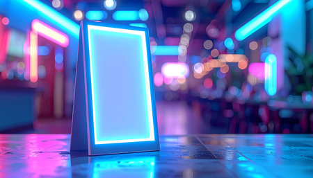 An illuminated A-frame sign with a blank screen sits on a wet table in a vibrant, neon-lit restaurant with a blurred bokeh background.の素材