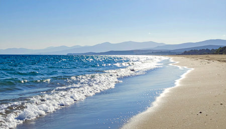 Sandy beach and the sea on the island of Rhodes, Greeceの素材
