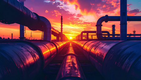Industrial zone, Steel pipelines and valves against colorful sky at sunsetの素材
