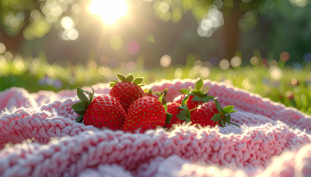 A cluster of fresh, red strawberries rests on a pink knitted blanket in a sun-drenched outdoor setting with soft focus.の素材