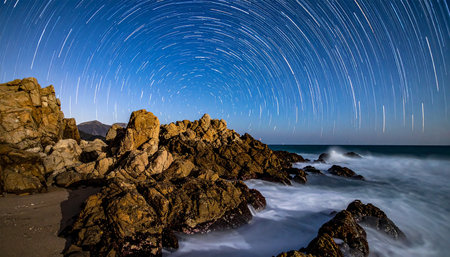 Concentric star trails arc across the night sky over a rugged coastline with waves breaking against the rocks.の素材