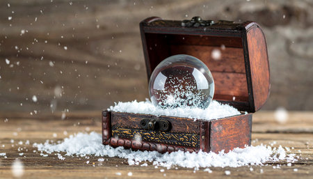 Wooden box with snow and crystal ball on old wooden background.の素材