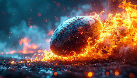 Rugby ball on fire. 3D illustration. Copy space.の素材