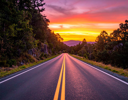 Sunset on the road in the mountains of New South Wales, Australiaの素材