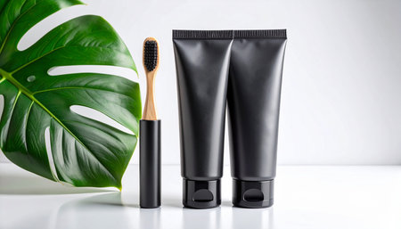 Plastic black tube with toothpaste, toothbrush and monstera leafの素材