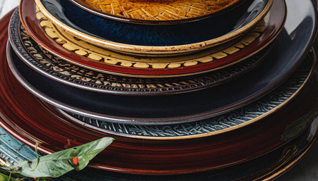 A stack of textured ceramic plates is partially covered by a green leaf with a red ladybug, adding a natural element.の素材