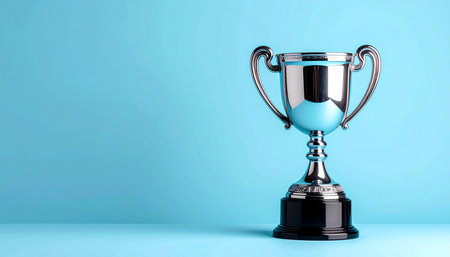 3d rendering of a trophy cup on blue background with copy spaceの素材