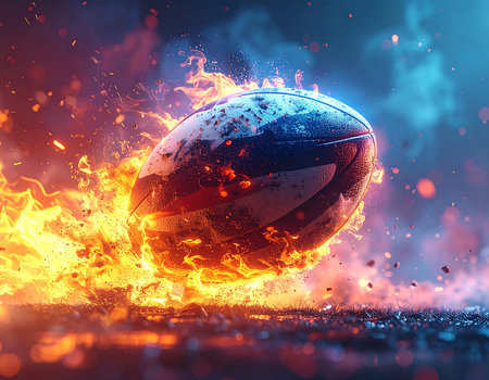 Rugby ball in fire flames. 3d render illustration.の素材