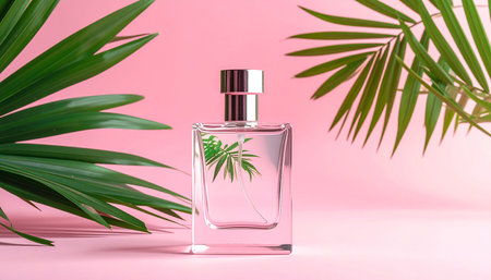 Perfume bottle on pink background with palm leaves. Beauty and spa concept.の素材