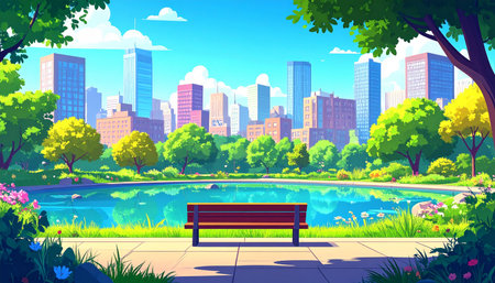 Park bench in the city park. Vector illustration in flat style.の素材