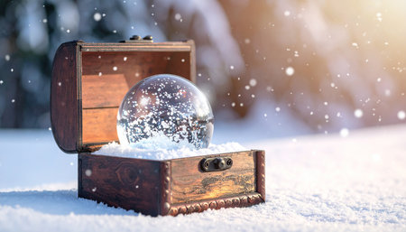 Snow globe in a wooden box on the snow. Christmas background.の素材