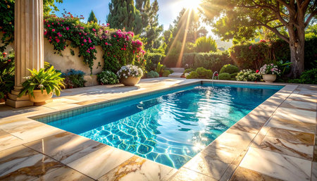Swimming pool in the garden with a beautiful view of the sunの素材