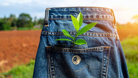 Green plant growing out of jeans pocket. Concept of environment protection.の素材