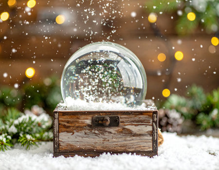Snow globe with fir tree and bokeh lights on wooden backgroundの素材