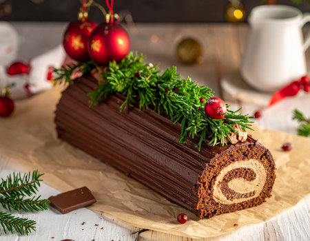 Chocolate roll cake with cream and Christmas decorations on a wooden backgroundの素材