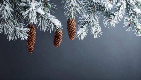 Christmas background with fir tree branches covered with snow and pine cones.の素材
