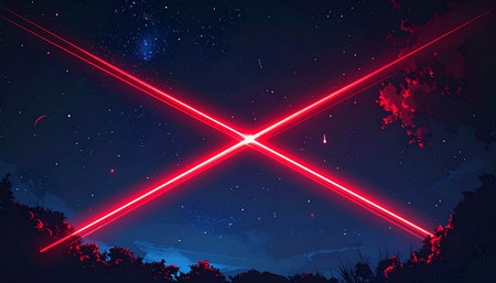 Abstract background with red neon lines and dark sky. Vector illustration.の素材