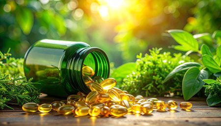 Omega 3 fish oil capsules with green herb on wooden table.の素材