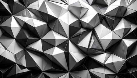 A monochromatic low poly geometric surface with sharp edges and deep shadows, creating a complex and abstract textured pattern.の素材