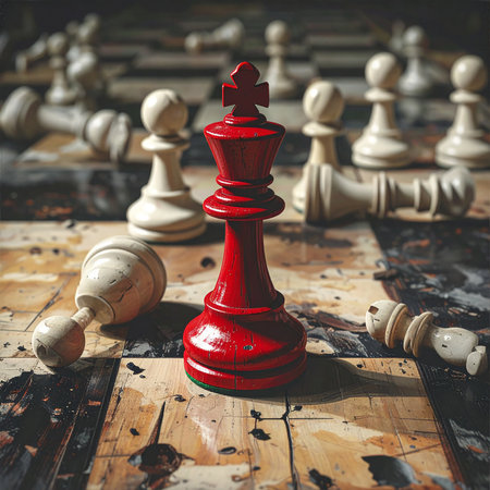 A red king stands prominently on a worn chessboard, surrounded by fallen white pieces, suggesting a decisive victory.の素材