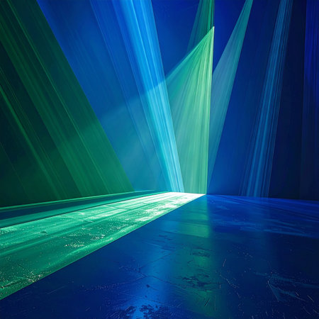 Abstract scene with dramatic blue and green light beams creating sharp geometric patterns on a dark floor and walls.の素材