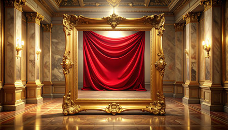 golden royal palace interior with red velvet curtain 3d render illustrationの素材