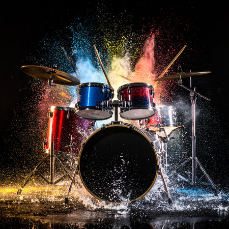 Drums on a black background with splashes of colored smoke.の素材