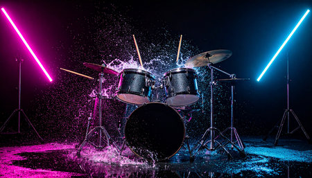 Drum set with splashes of water on a dark background.の素材