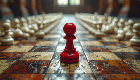 Wooden chessboard with red chess pieces on it. Selective focus.の素材